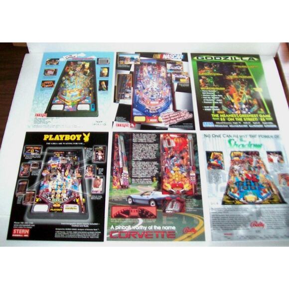 6 Pinball Flyers Playboy Simpsons Shadow Corvette Godzilla Nascar NOS set #3 - Picture 2 of 2